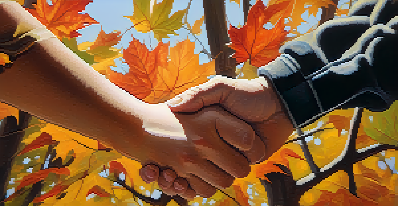Two hands clasped together amidst colorful autumn leaves, with sunlight filtering through the trees.