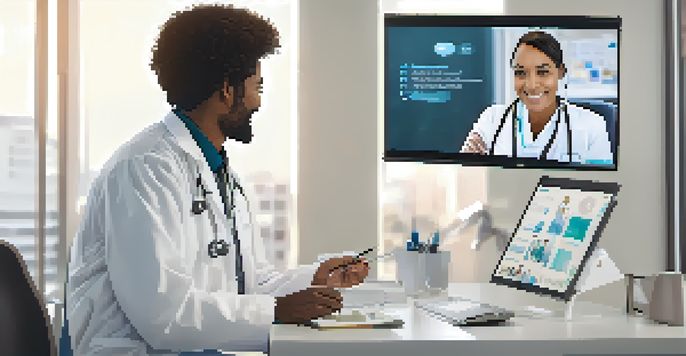 A healthcare professional smiling during a telehealth consultation, interacting with a patient on a laptop screen in a modern office.