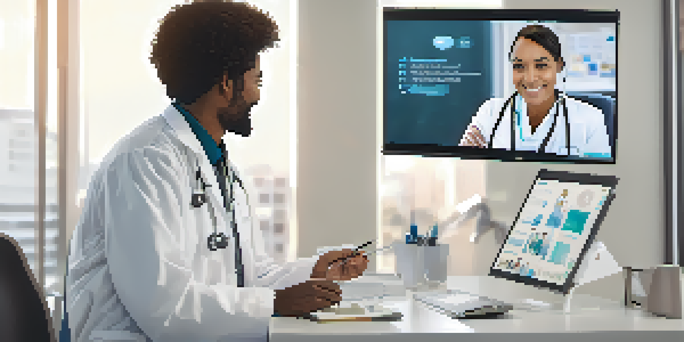 A healthcare professional smiling during a telehealth consultation, interacting with a patient on a laptop screen in a modern office.