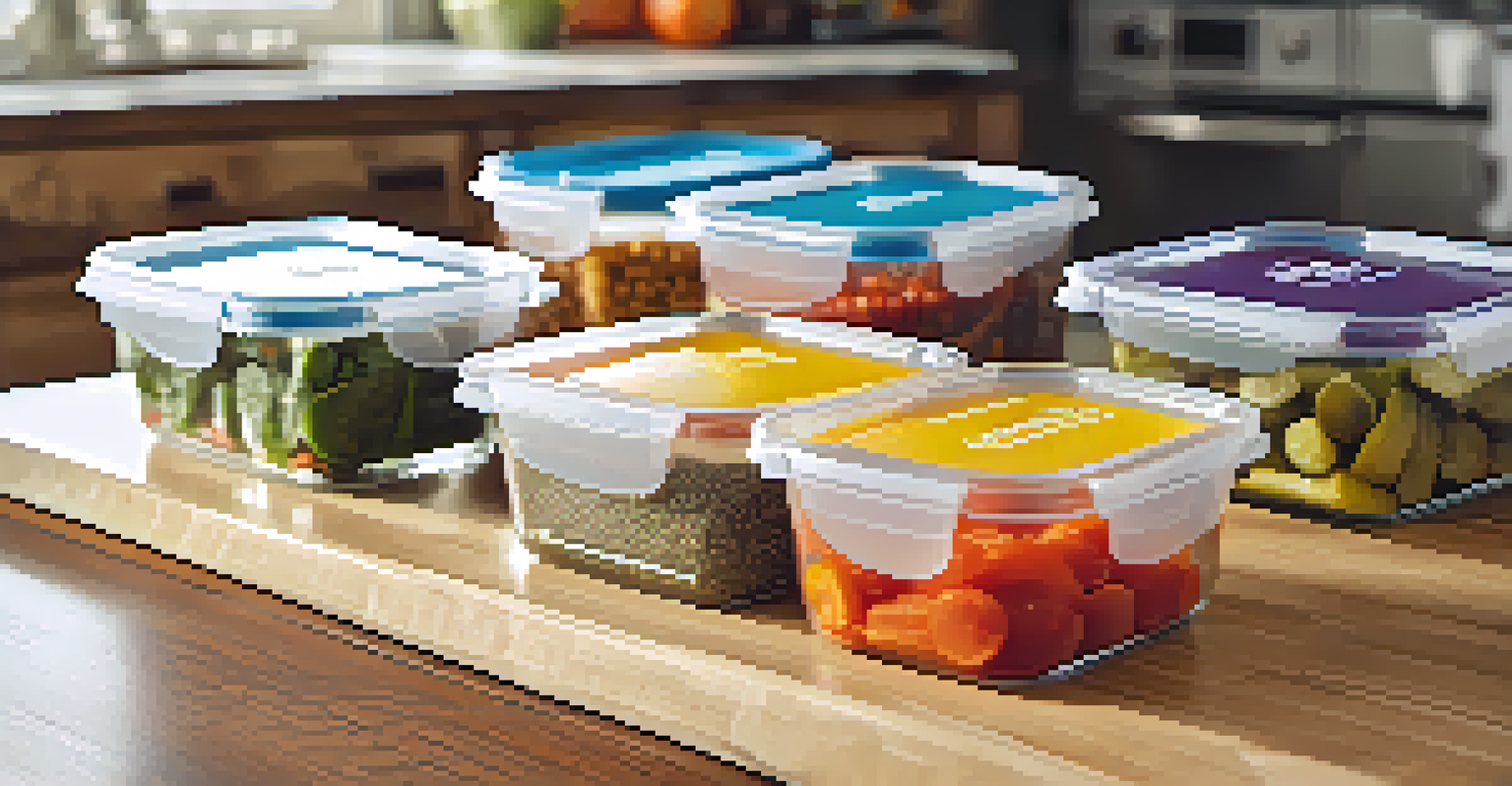 A close-up of labeled meal prep containers filled with allergen-free dishes like quinoa and roasted vegetables, set against a warm wooden kitchen table.