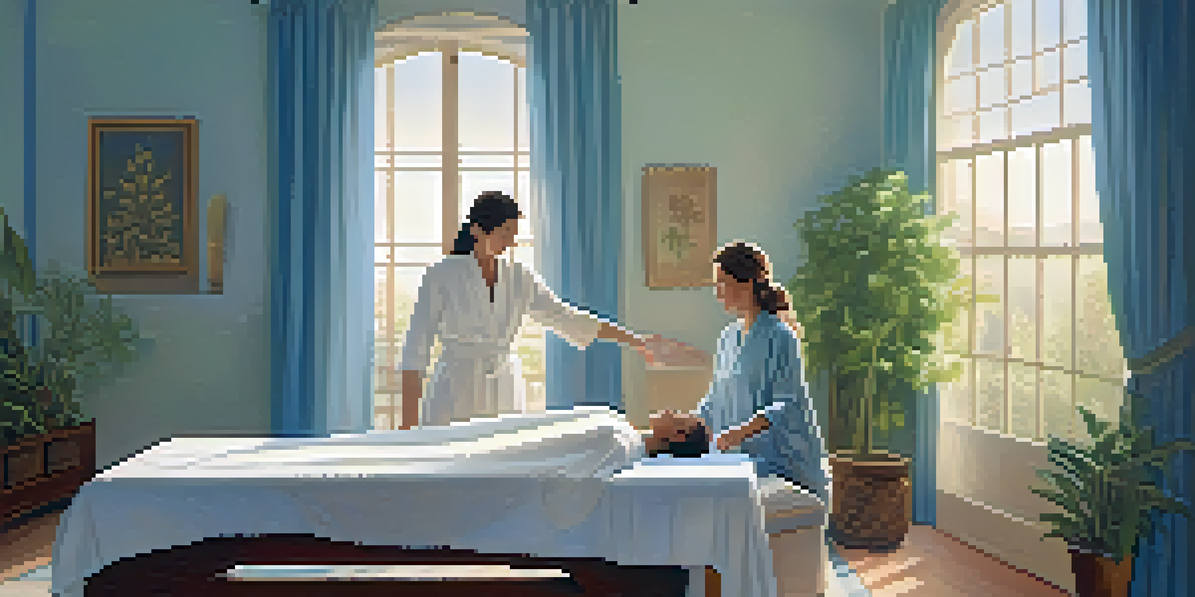 A calm Reiki session with a practitioner and a client in a softly lit room, surrounded by plants and warm sunlight.
