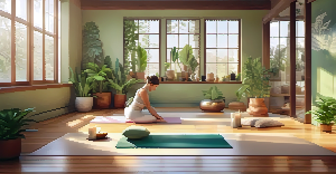 A person practicing yoga in a tranquil studio filled with natural light and indoor plants.