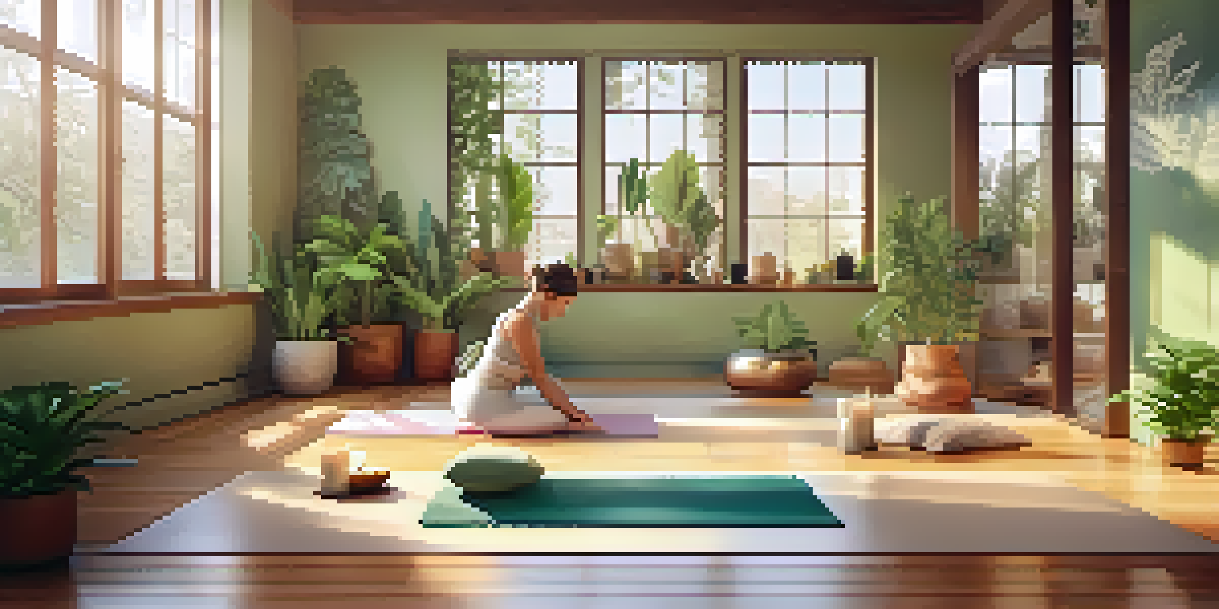 A person practicing yoga in a tranquil studio filled with natural light and indoor plants.