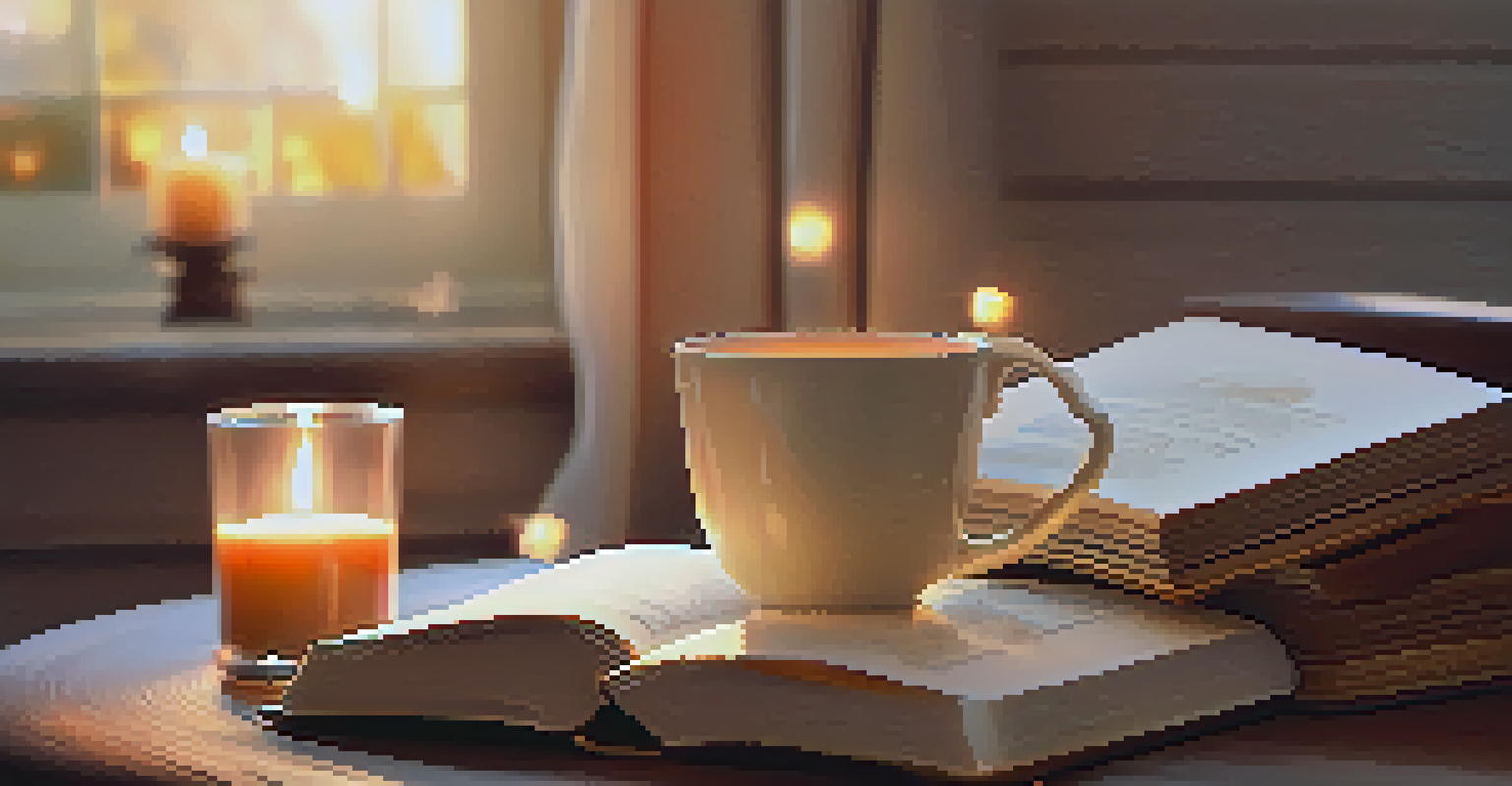 A cozy setup with a cup of herbal tea, a lit candle, and a book, creating a relaxing atmosphere for winding down before sleep.