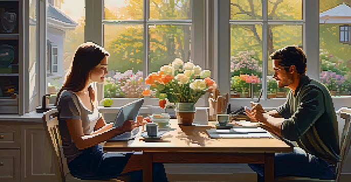 A couple engaged in a financial discussion at a kitchen table, with laptops, notebooks, and warm morning light creating an inviting atmosphere.