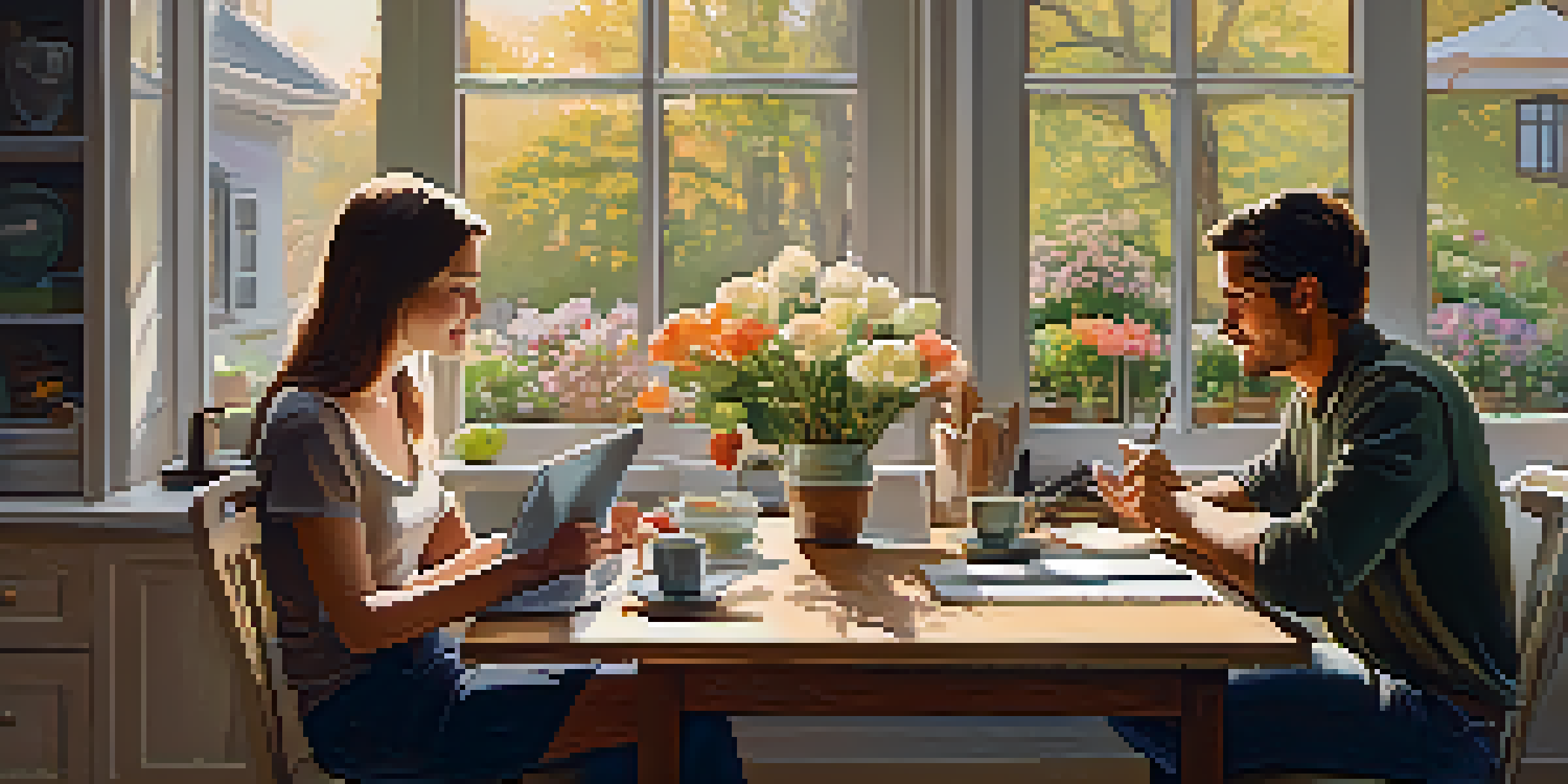 A couple engaged in a financial discussion at a kitchen table, with laptops, notebooks, and warm morning light creating an inviting atmosphere.