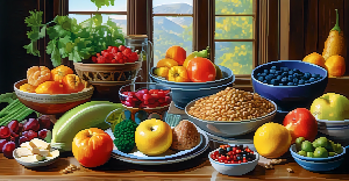 A balanced meal plate with colorful fruits and vegetables on a wooden table, illuminated by natural light.