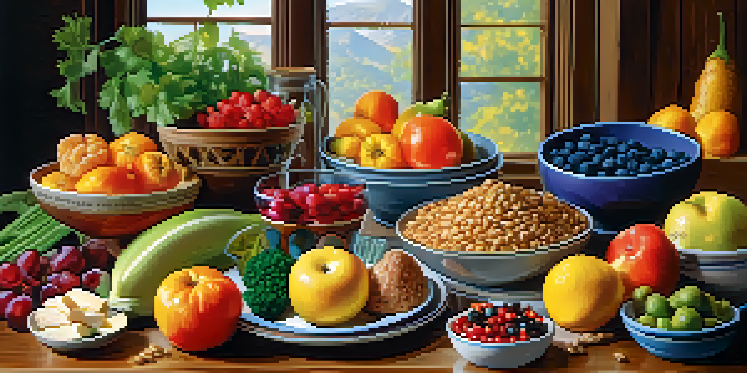 A balanced meal plate with colorful fruits and vegetables on a wooden table, illuminated by natural light.