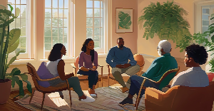 A cozy group therapy session with diverse participants sitting in a circle, engaged in conversation, in a warmly lit room.