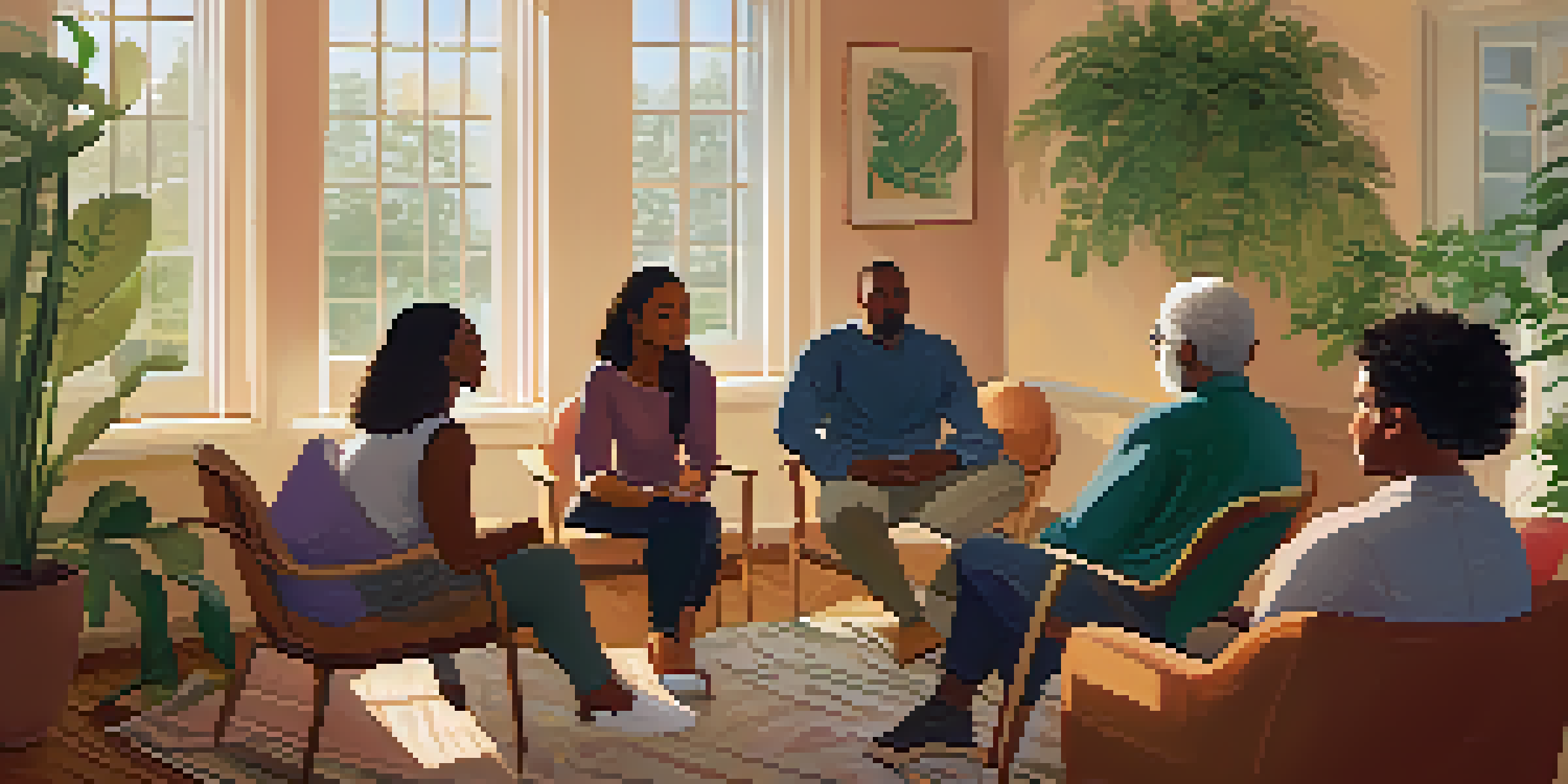 A cozy group therapy session with diverse participants sitting in a circle, engaged in conversation, in a warmly lit room.