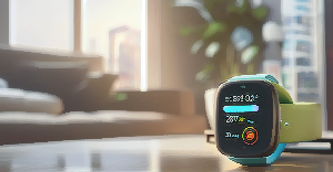 A modern smartwatch showing health metrics on its screen, set in a cozy living room with natural light.