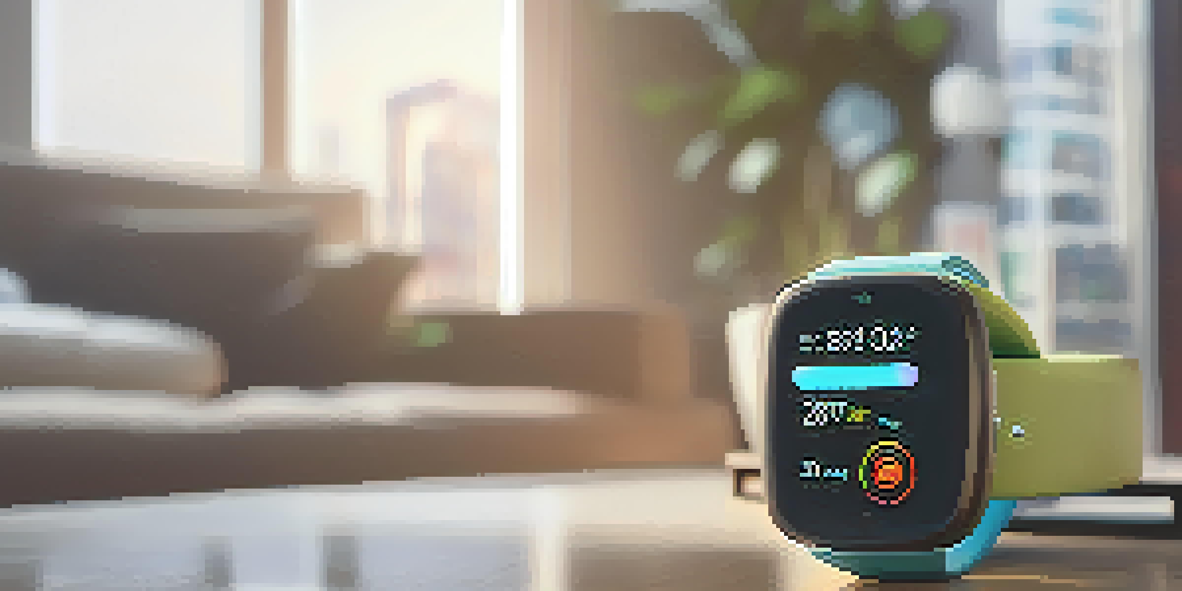 A modern smartwatch showing health metrics on its screen, set in a cozy living room with natural light.