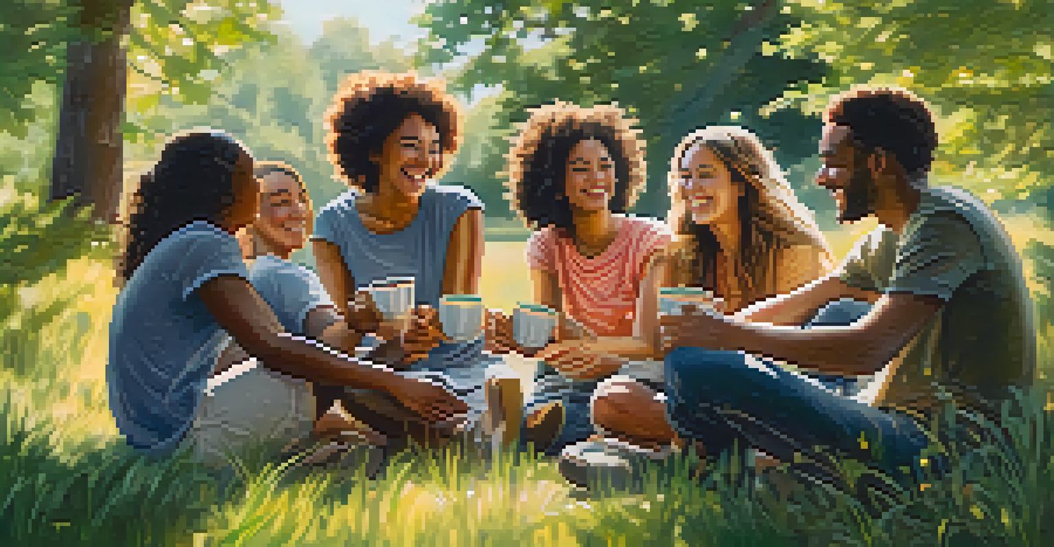 A group of friends sitting in a circle outdoors, sharing laughter and enjoying each other's company in a natural setting.