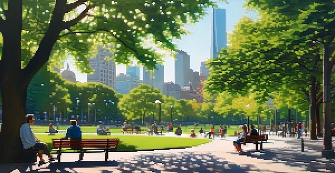 A lively urban park filled with green trees and vibrant flowers, with people enjoying their time relaxing and walking along the paths, while a city skyline looms in the background.