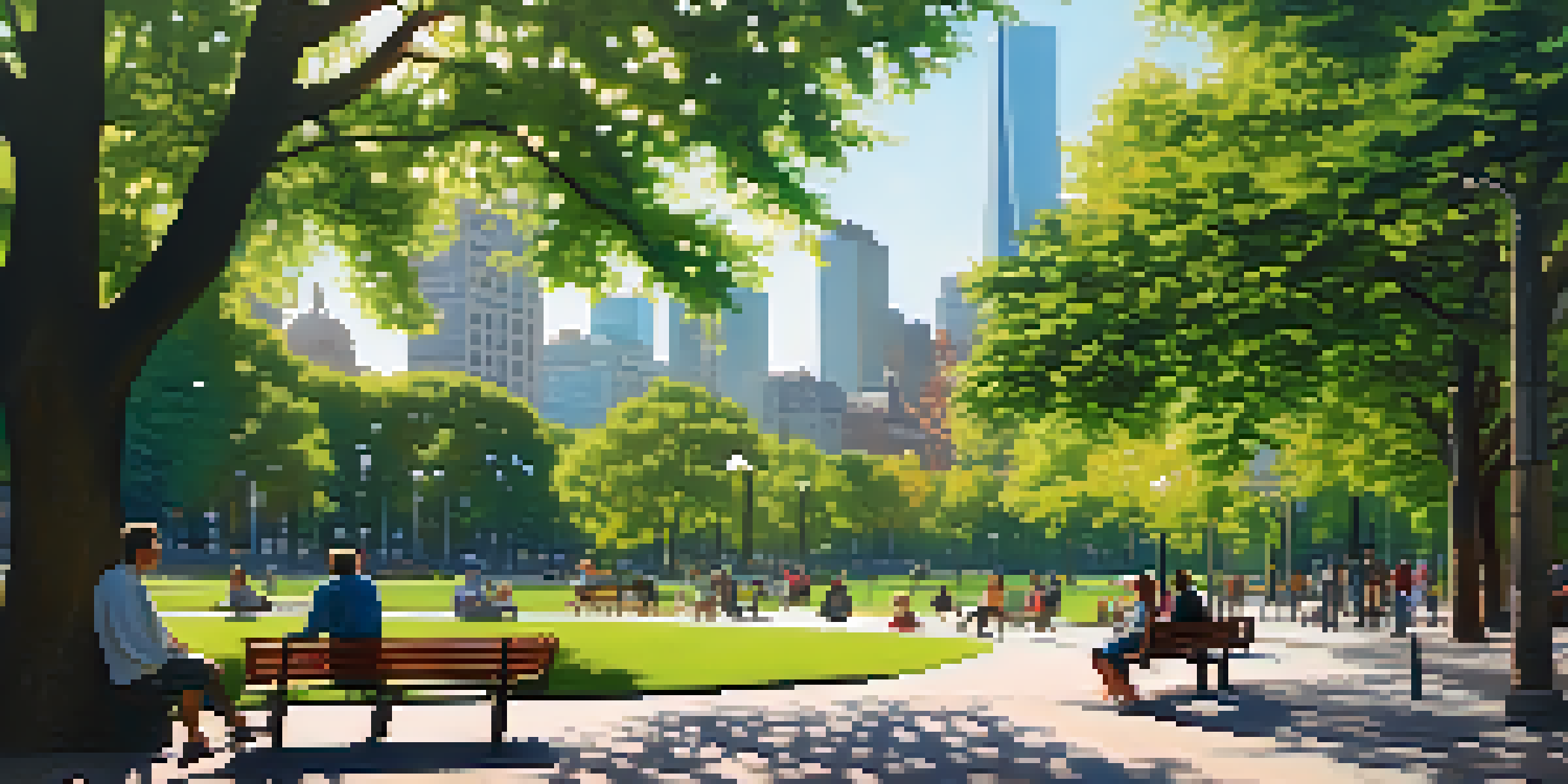 A lively urban park filled with green trees and vibrant flowers, with people enjoying their time relaxing and walking along the paths, while a city skyline looms in the background.