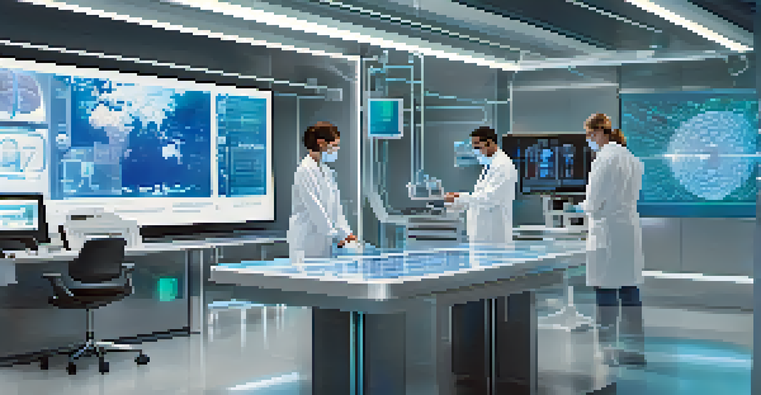 A futuristic laboratory scene showing AI technology analyzing vaccine data with a holographic interface and modern design.