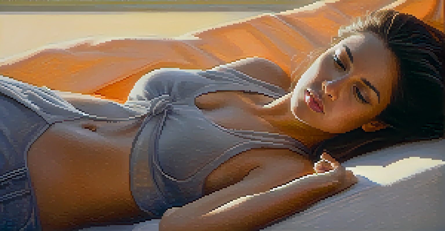 A woman touching her belly with a thoughtful expression, illuminated by warm sunlight in a cozy setting.