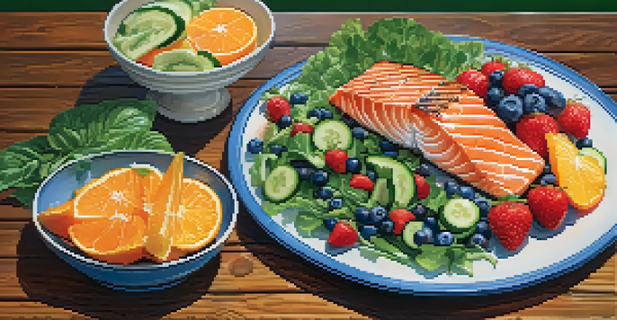 A colorful plate of fruits and vegetables representing a balanced diet for skin health on a rustic wooden table.