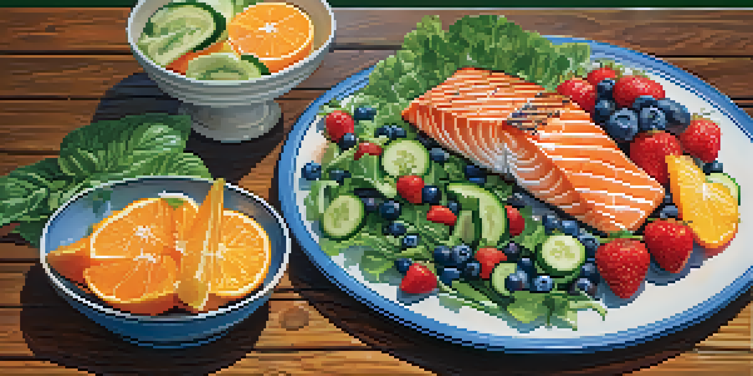 A colorful plate of fruits and vegetables representing a balanced diet for skin health on a rustic wooden table.