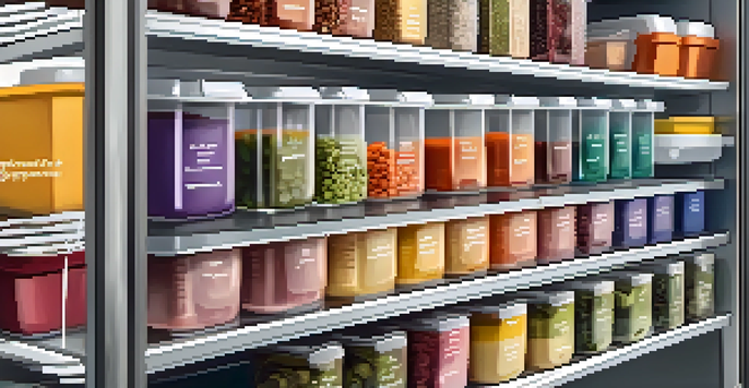 A refrigerator showcasing colorful meal prep containers filled with healthy meals, organized and labeled for easy access.