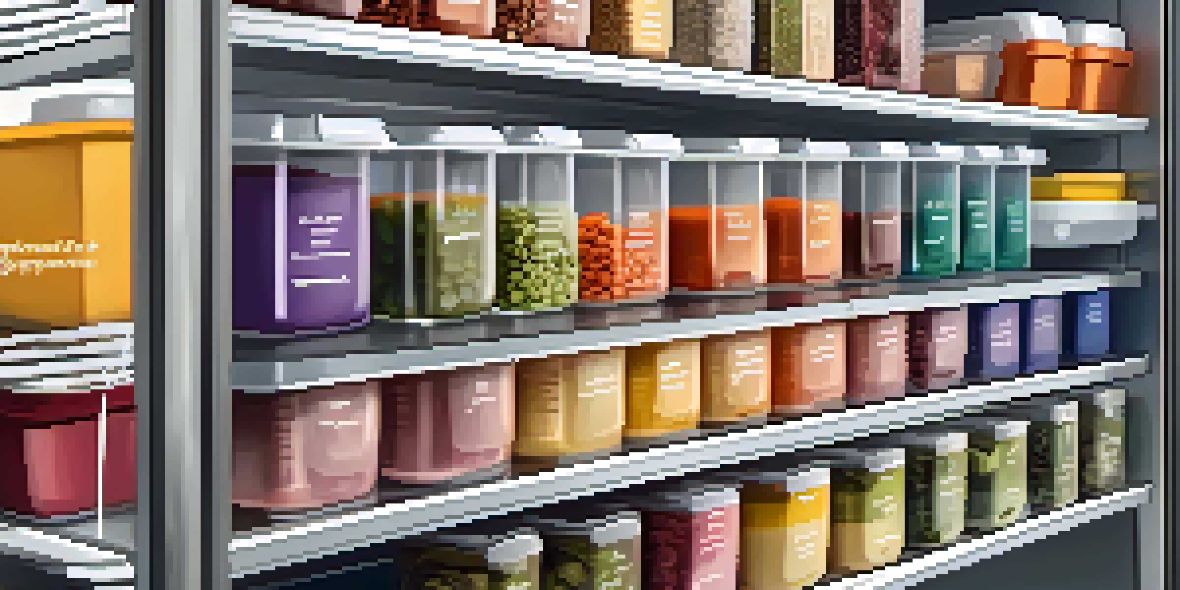 A refrigerator showcasing colorful meal prep containers filled with healthy meals, organized and labeled for easy access.