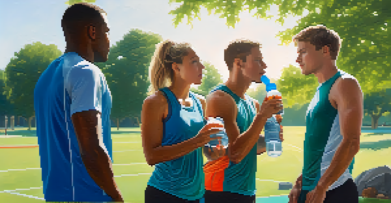 A group of athletes taking a hydration break in a sunny park, drinking water and electrolyte drinks.