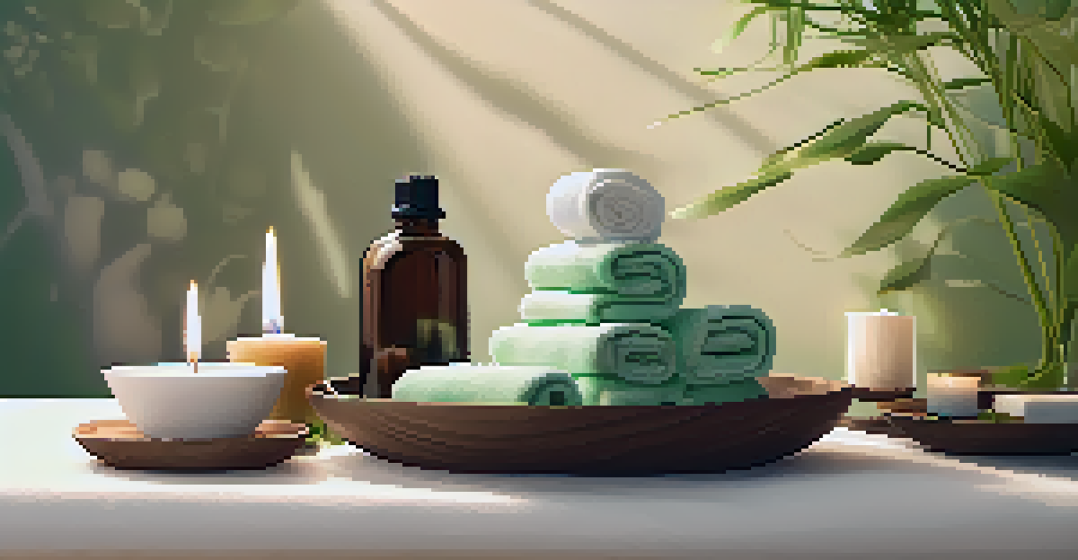 A peaceful spa setting with a massage table, essential oils, and a calming water fountain.