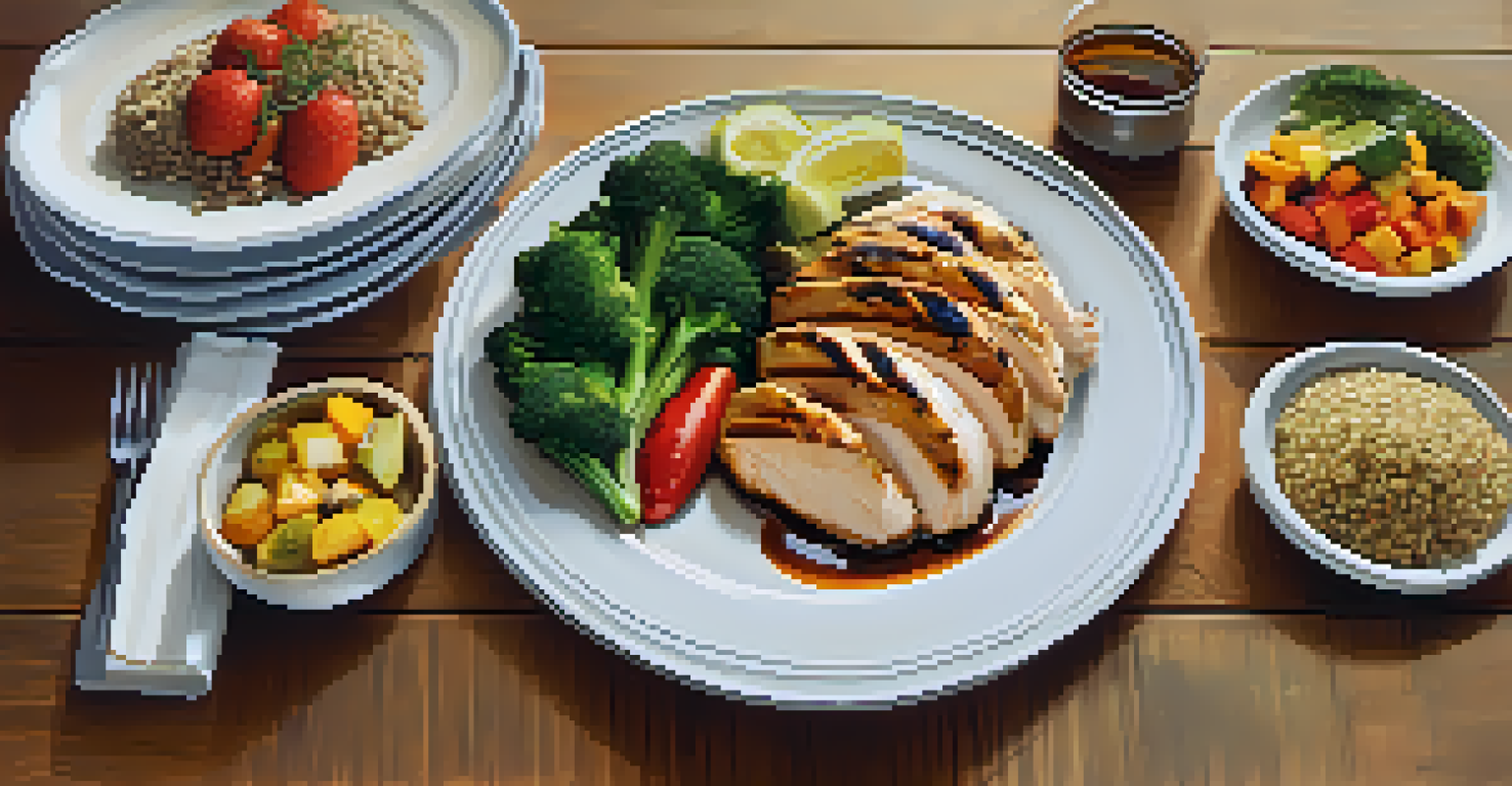 A beautifully arranged plate of grilled chicken, quinoa, and colorful vegetables on a wooden table.