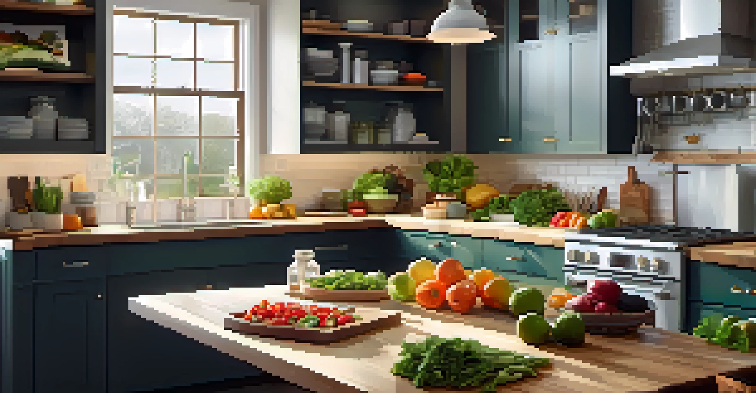 A kitchen scene with a meal prep station displaying fresh fruits, vegetables, and a meal planner with a cutting board in a sunny kitchen.