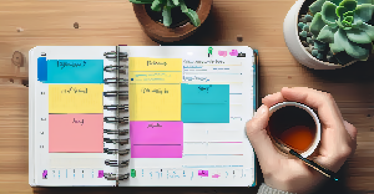 A close-up of an open planner with sticky notes and highlighted tasks, alongside a cup of tea and a succulent plant.