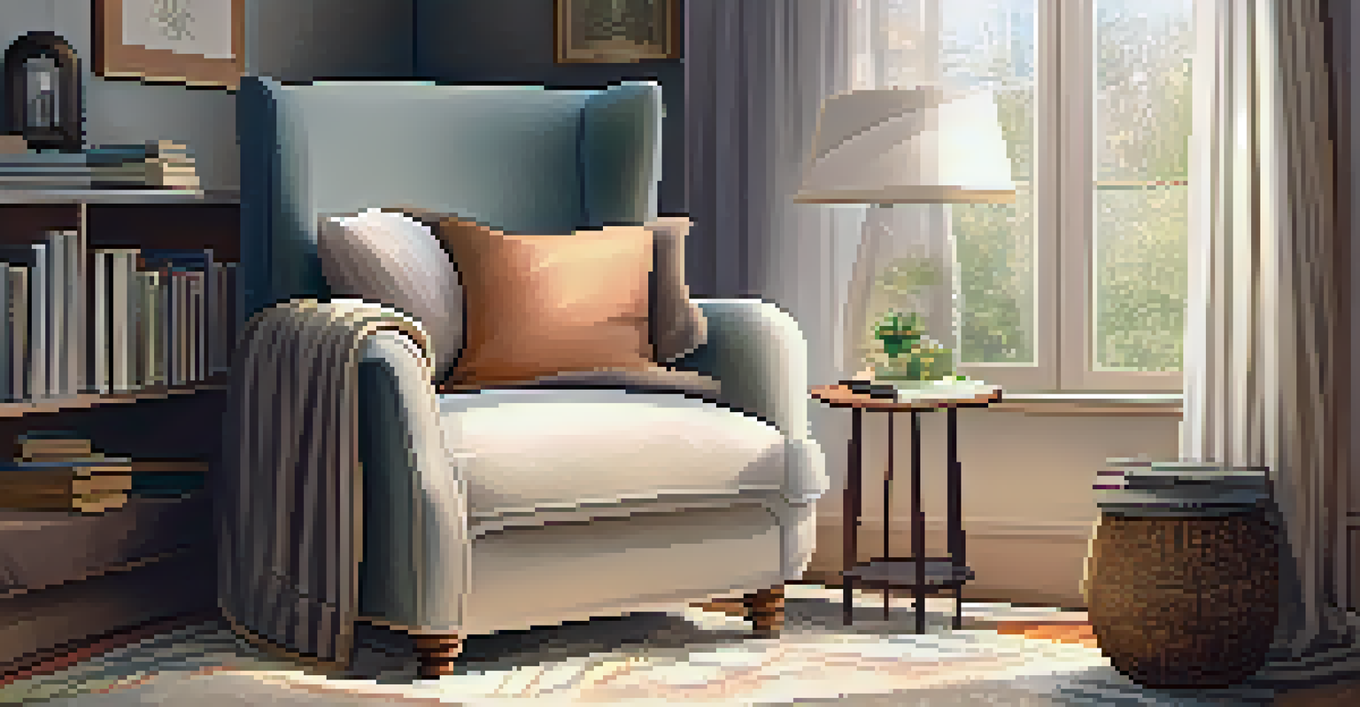 A cozy reading nook with an armchair, a cup of herbal tea, and a stack of books, illuminated by soft light.