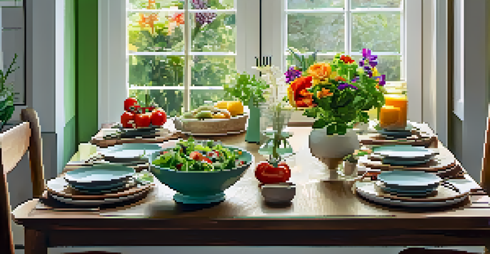 A beautifully arranged dining table with a colorful salad and a vase of fresh flowers, illuminated by soft natural light.