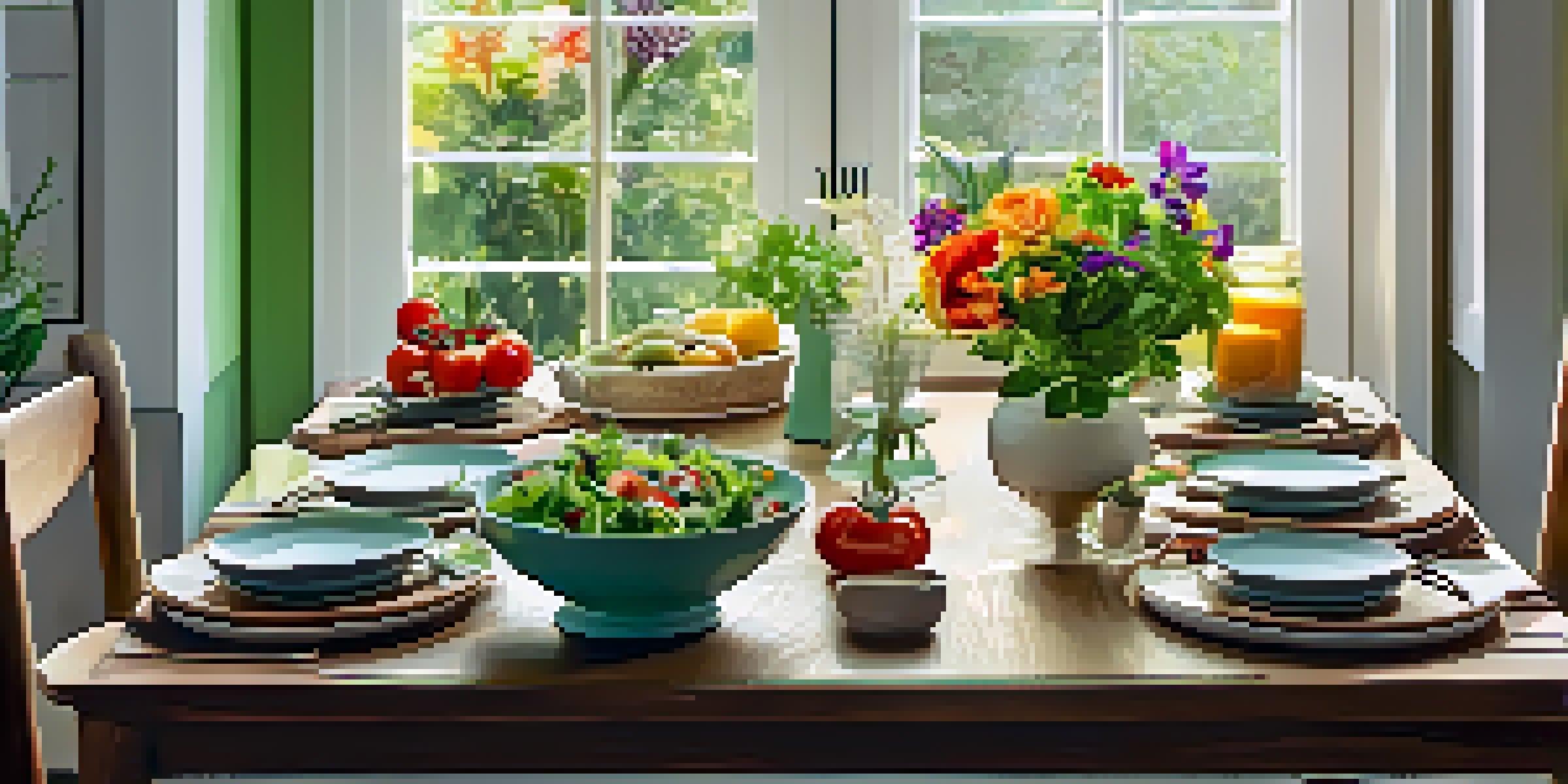 A beautifully arranged dining table with a colorful salad and a vase of fresh flowers, illuminated by soft natural light.