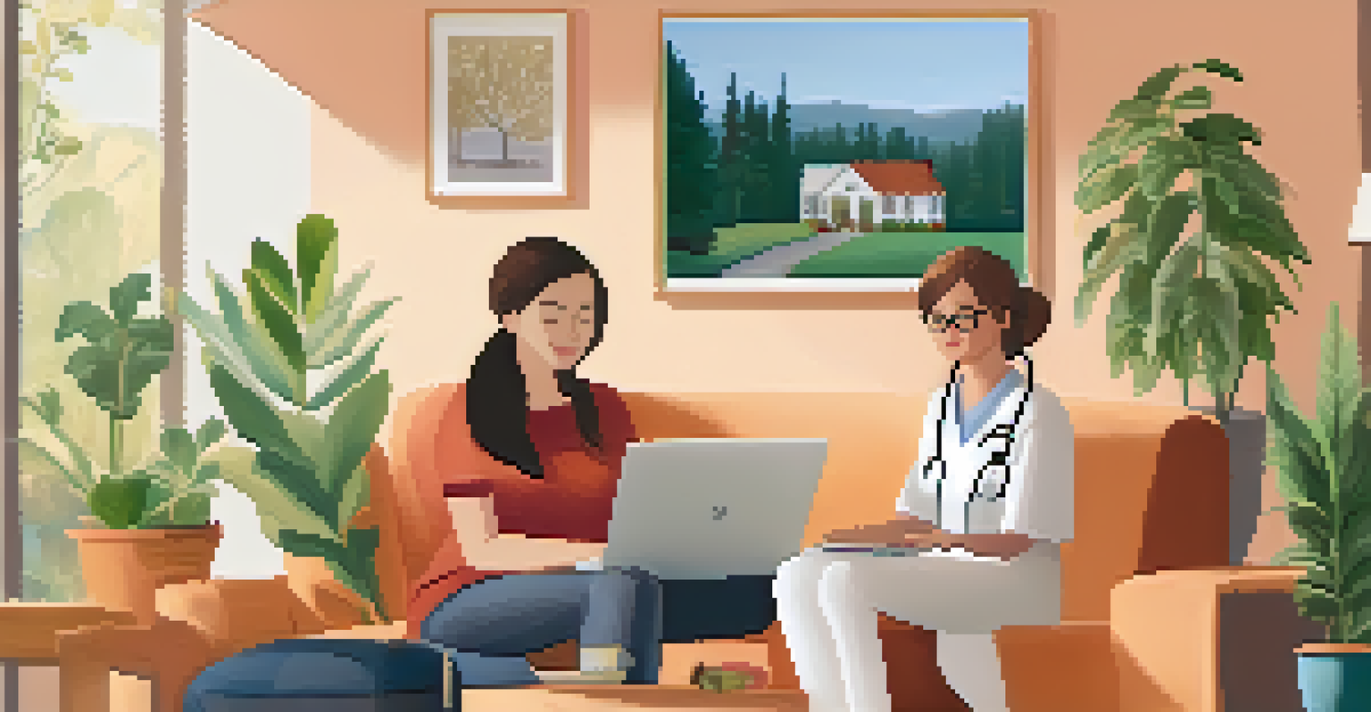 A single mother using a laptop for a telehealth consultation in her cozy living room.