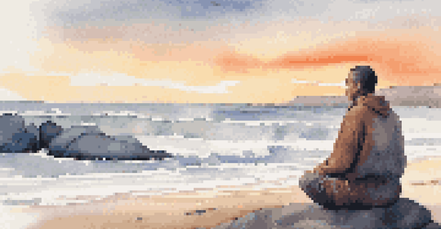 A person meditating on a beach at sunrise, with waves in the background and warm colors reflecting on the water.