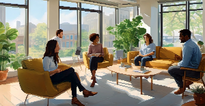 A diverse group of employees having a positive conversation about mental health in a bright and welcoming office space.