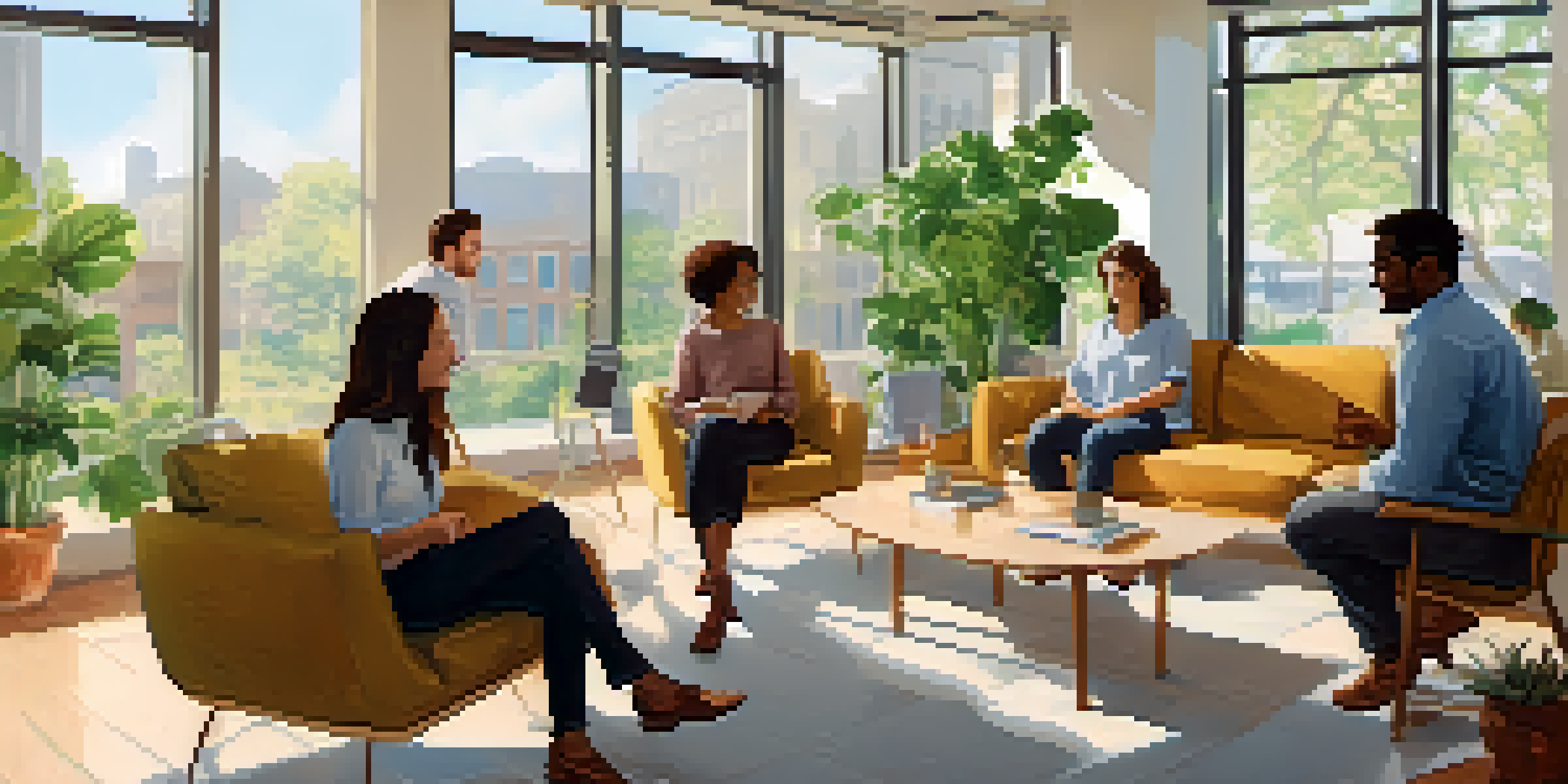 A diverse group of employees having a positive conversation about mental health in a bright and welcoming office space.