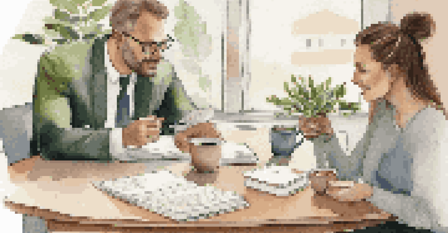Two colleagues discussing over coffee, with notebooks and pens on the table, in a cozy cafe setting.
