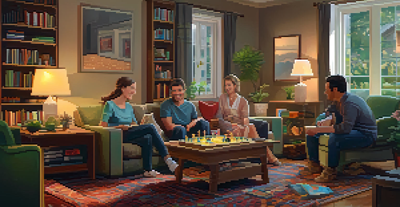 A cozy living room where a family is playing board games together, surrounded by warm lighting and comfortable furniture.