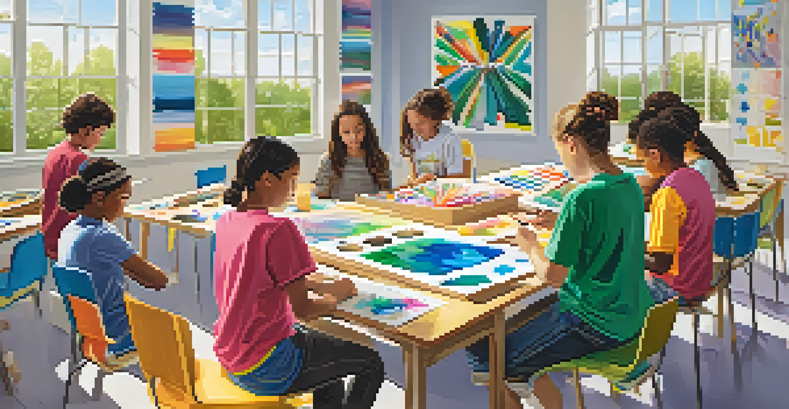 Middle school students engaged in a creative art session, painting colorful canvases in a bright classroom filled with art supplies.