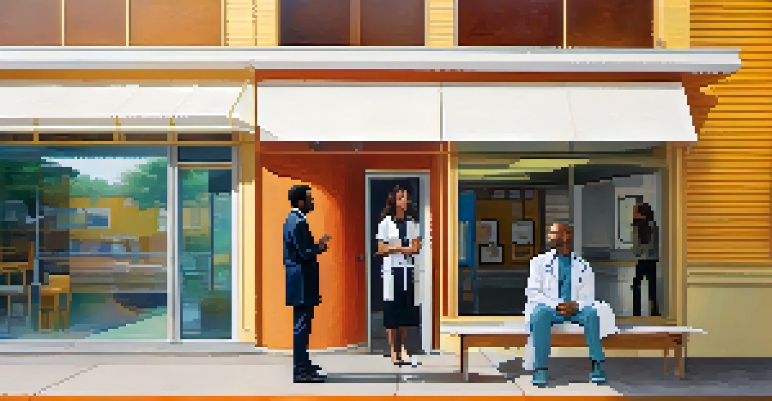 A split-screen image depicting a woman receiving healthcare advice and a man hesitating outside a mental health service center, highlighting gender disparities.
