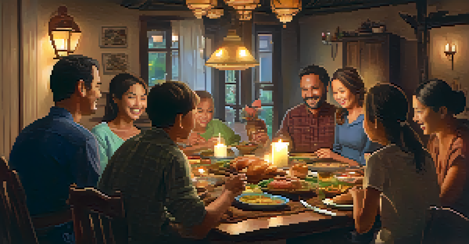 A family enjoying a meal together at a wooden dining table, illuminated by soft candlelight.