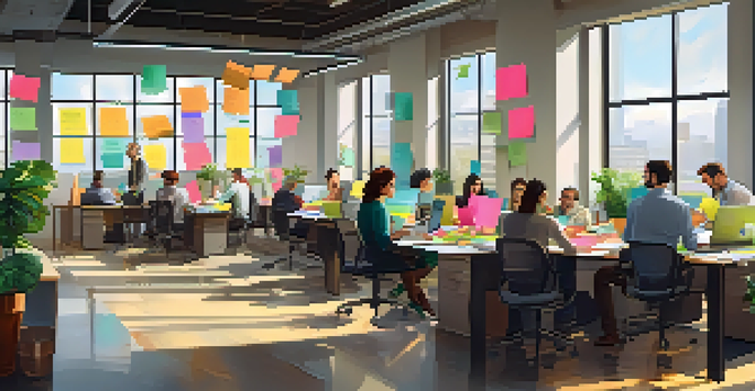 A lively office environment with diverse employees working together at a large table, surrounded by colorful notes and plants, under bright natural light.