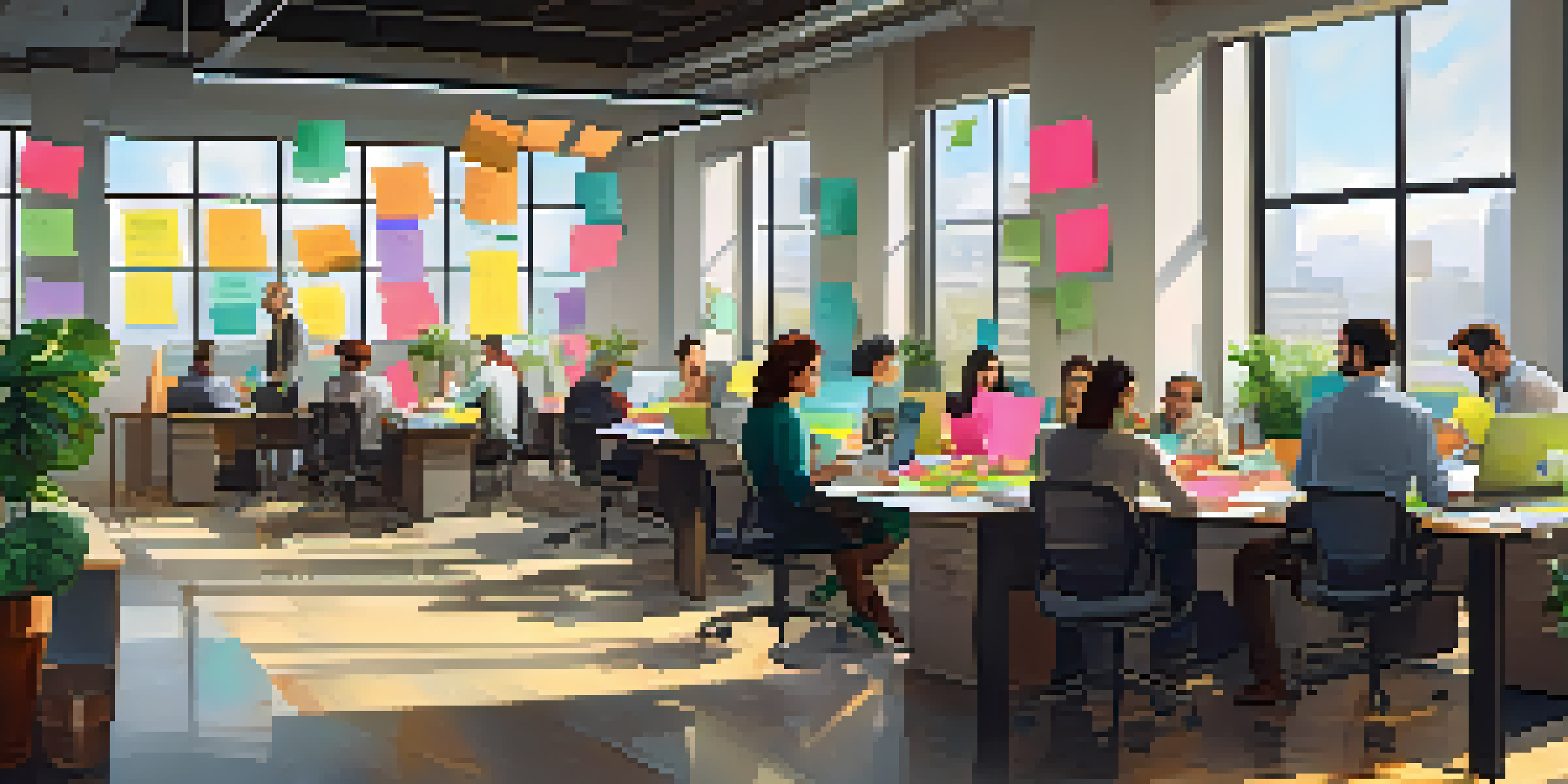 A lively office environment with diverse employees working together at a large table, surrounded by colorful notes and plants, under bright natural light.