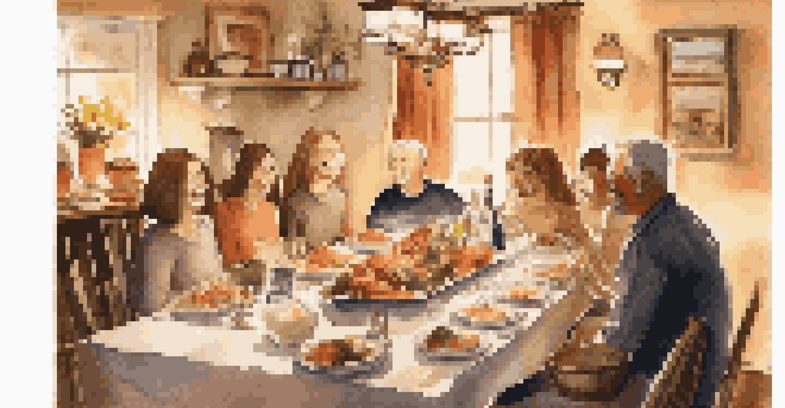 A cozy dinner gathering with family and friends around a table, sharing stories and meals in a warm, inviting dining room.