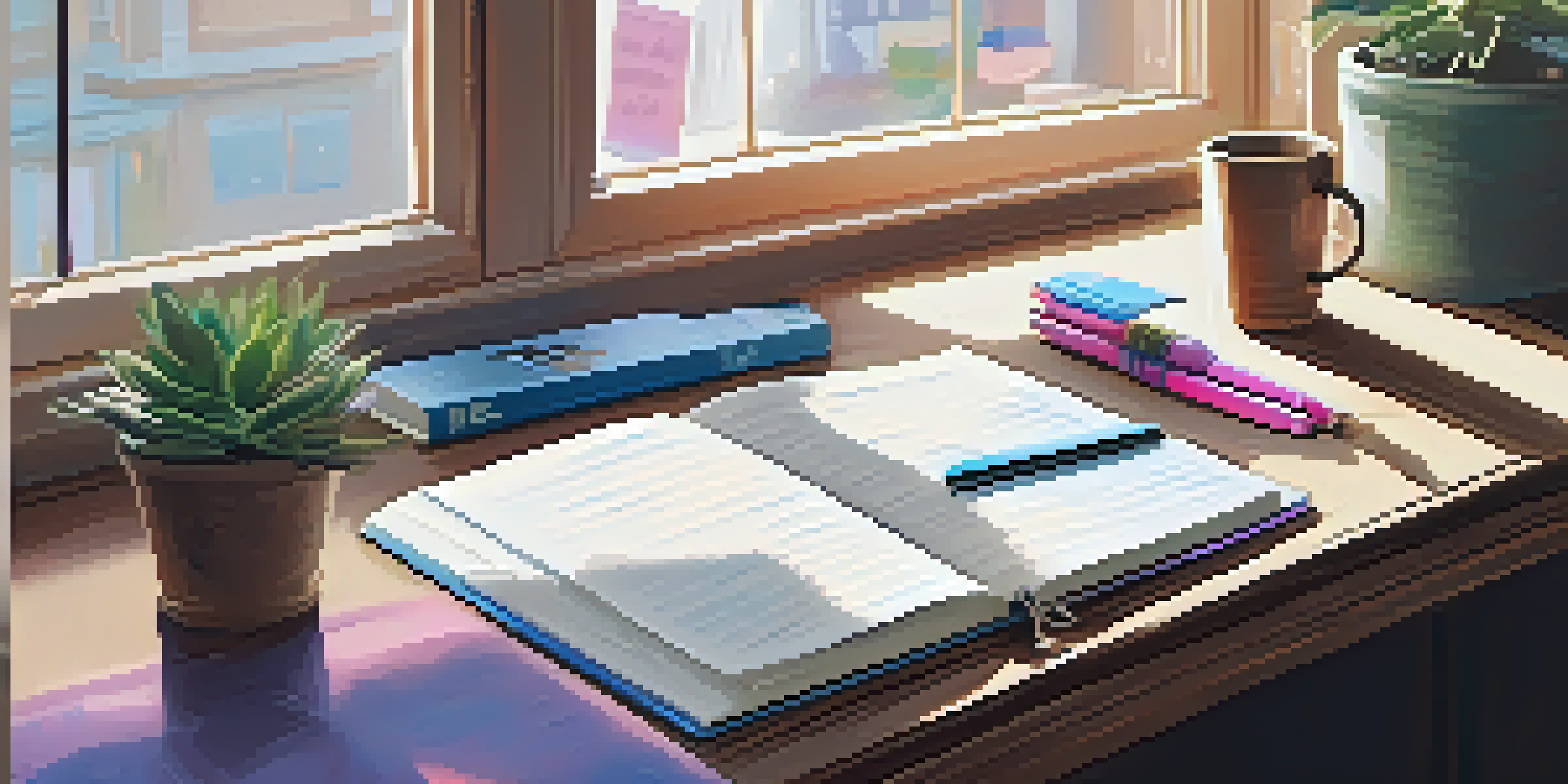 A wooden desk with an open fitness journal, colorful pens, and a potted plant, illuminated by soft morning light.