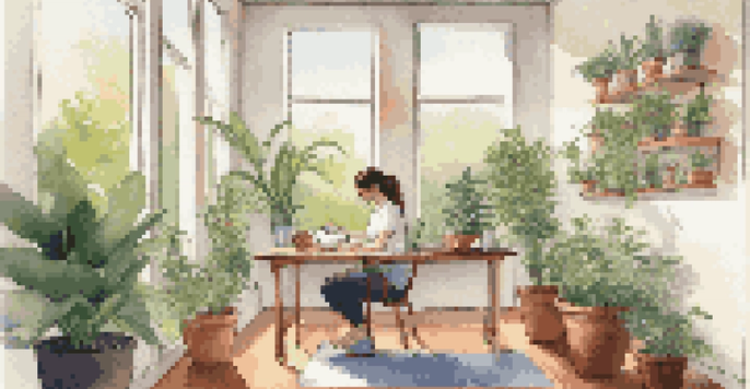 A peaceful office environment with natural light, a garden view, a desk with a notebook and tea, and a person meditating on a yoga mat surrounded by plants.