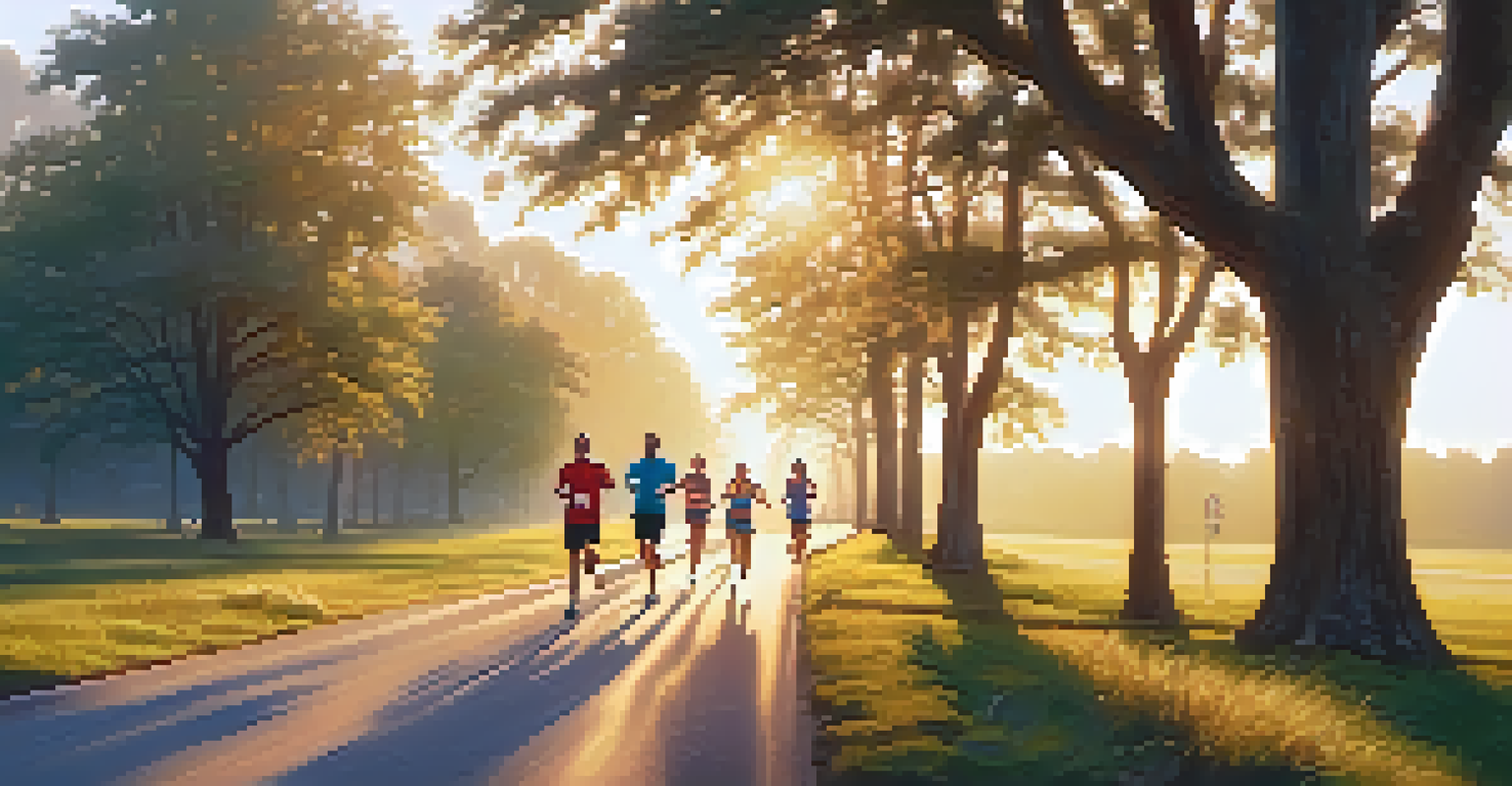 A group of runners jogging together on a scenic trail during sunrise, surrounded by trees.