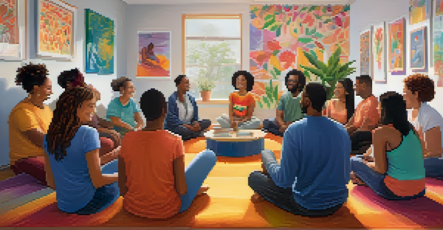 A diverse group of people sitting in a circle, sharing experiences and support in a brightly decorated room.