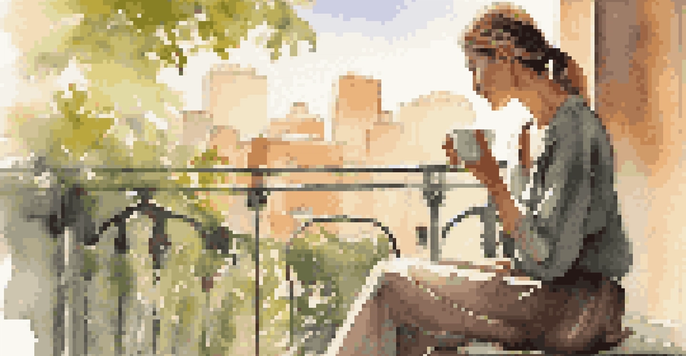 A person enjoying a cup of coffee on a sunlit balcony, surrounded by nature and a blurred cityscape in the background.